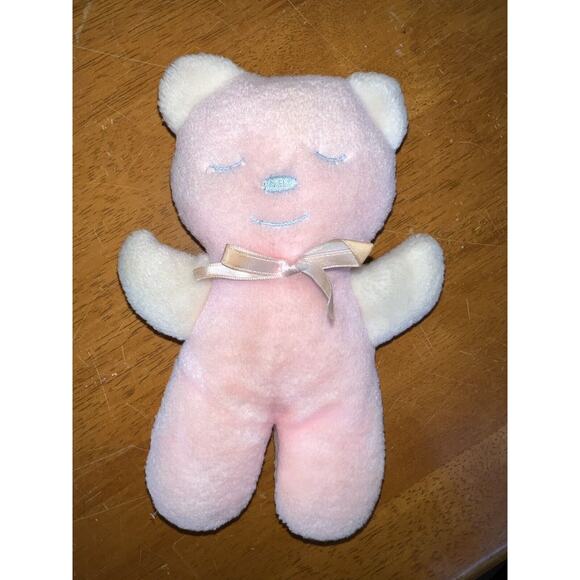 Vintage Stahlwood Plush Stuffed Pink White Sleeping Teddy Bear 7" Rattle Inside - Picture 3 of 5